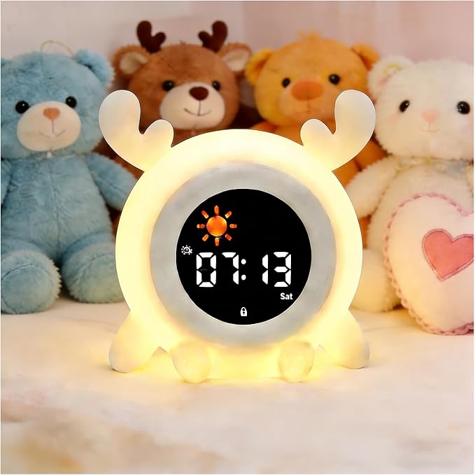 Deer Cartoon Ok to Wake Alarm Clock, White Noise Tap Night Light for Room | 6 White Noise Sounds, 8 Light Modes, Dual Alarm & Snooze, Dimmable LED, Type-C Rechargeable, 12/24 Hour Display