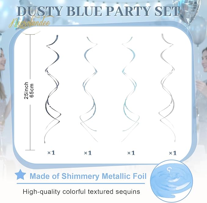 19Pcs Dusty Blue Party Decorations, Hanging Paper Lanterns Fans Tissue Flower Pom Poms Swirls for Wedding, Birthday, Something Blue Bridal Shower Bachelorette Party Baby Shower Decorations