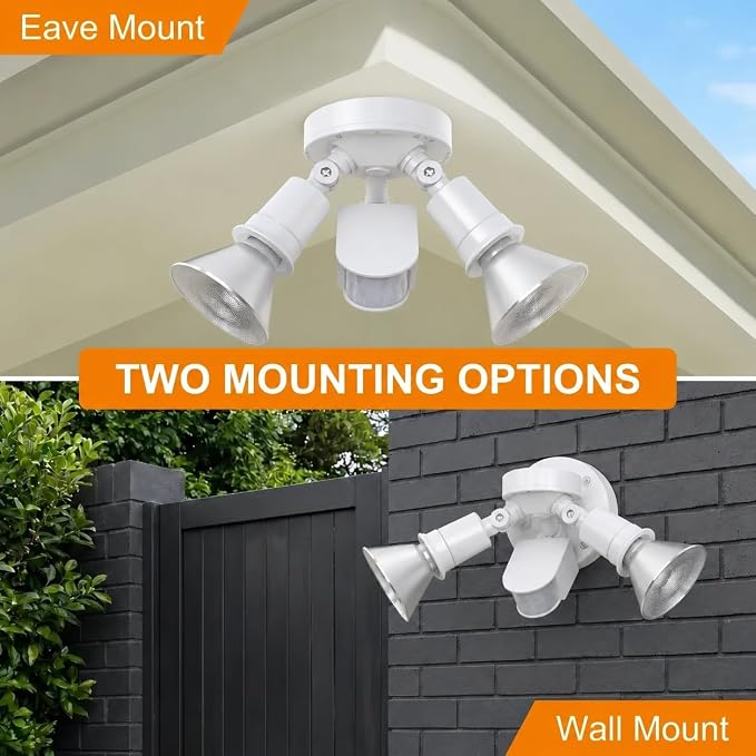 Motion Sensor Outdoor Light, 300W Waterproof Twin E26 PAR38 Holder | Motion Sensor Twin Heads: Auto activation, swivel E26 PAR38 sockets to adjust lighting angles（Bulbs not include）