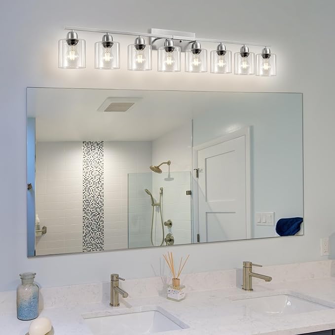 Modern Brushed Nickel 8 Light Bathroom Light Fixtures,52 inch Vanity Lights for Bathroom with Clear Glass, Bathroom Light Fixture for Mirror Kitchen Living Room Hallway Cabinet Porch