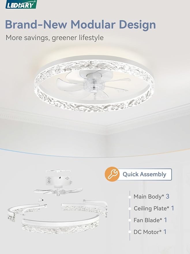 LEDIARY 20" Modern Ceiling Fans with Lights and Remote, White Fandelier | Dimmable Low Profile, Flush Mount Ceiling Fan, Stepless Color Temperature Change, 6 Speeds, Bedroom, Living Room, Kitchen
