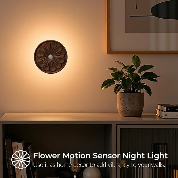 Wood Flower Night Light, Rechargeable Motion Sensor Light | 3D Flower Surface, USB-C Rechargeable, Backlit Warm Light, Magnetic Light for Stair, Home Decor Lighting, Black Walnut