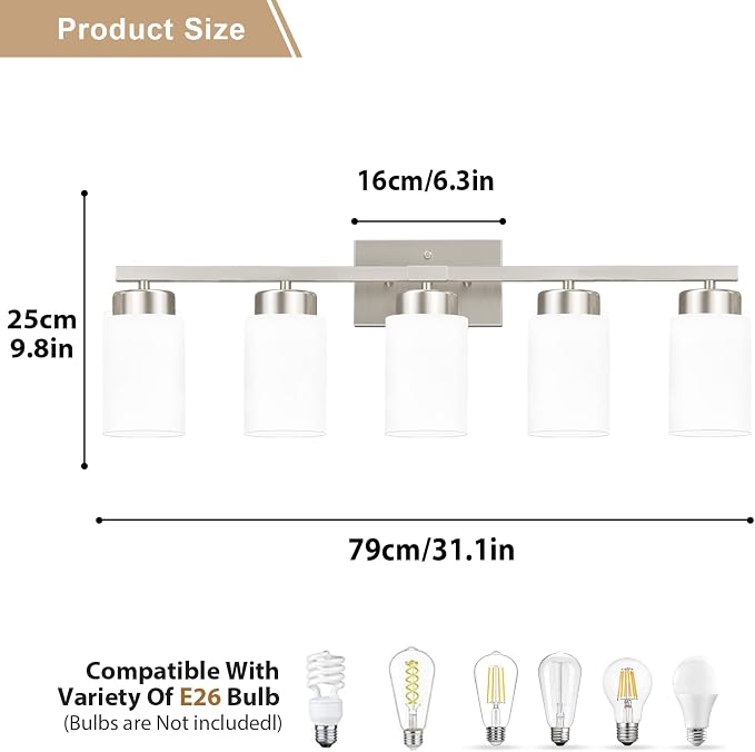 IZORRO Modern Bathroom Light Fixtures, 5 Light Brushed Nickel Vanity Lights, Bathroom Lighting Fixtures Over Mirror with White Glass for Living Room Cabinet Bedroom