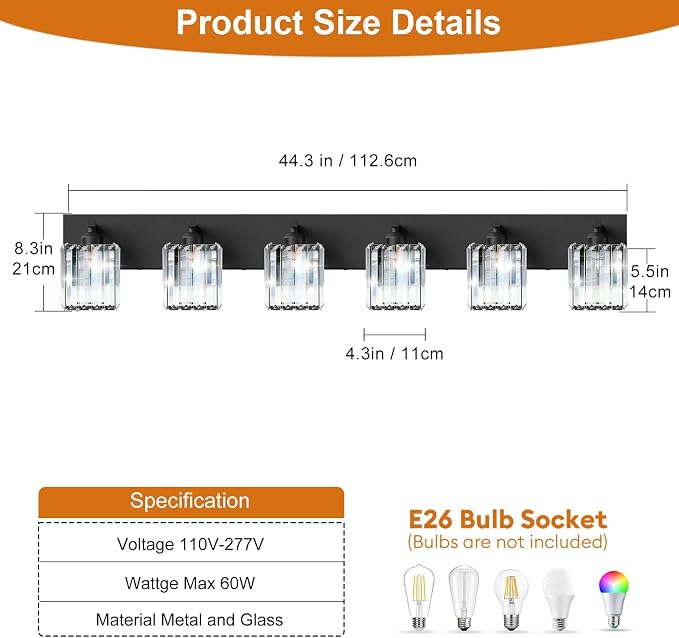 Black Crystal Bathroom Vanity Light, 6-Light Modern Bathroom Lighting Fixtures Over Mirror, Matte Black Wall Sconce Light Fixtures with Square Shade