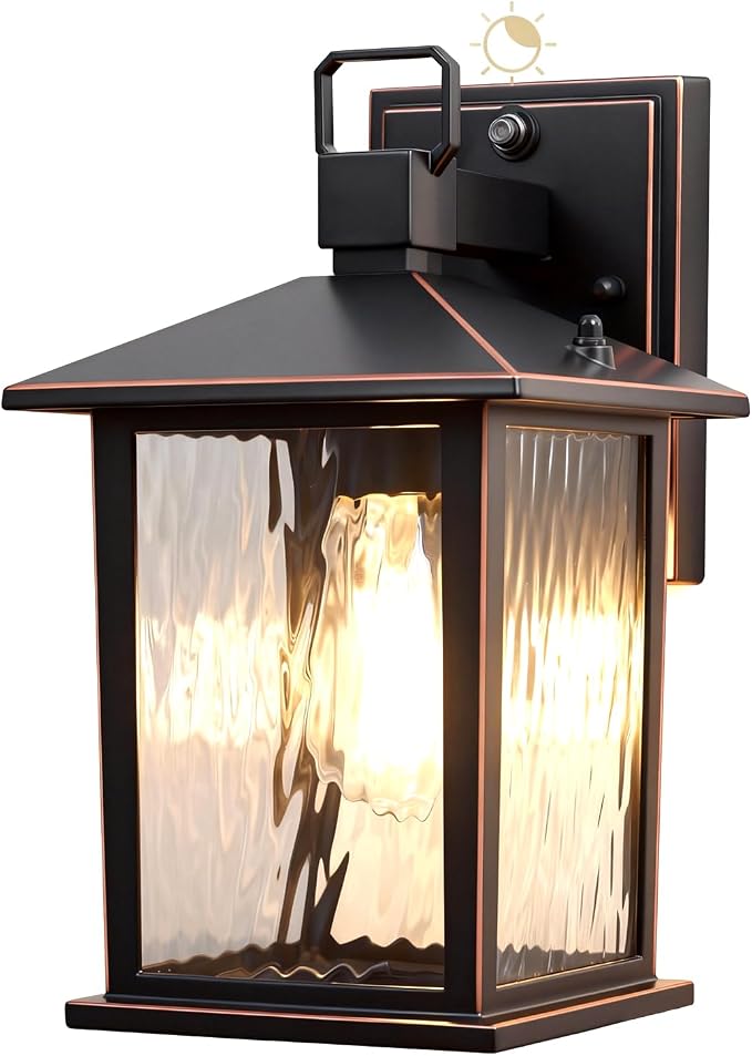 Dusk to Dawn Porch Light, Oil-Rubbed Bronze Outdoor Light Fixture | 1-Pack Outdoor Wall Light with Water Ripple Glass, Hardwired Aluminum Outside Wall Lantern, E26 Socket, Bulb Not Included