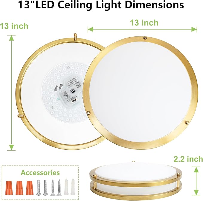 Flush Mount Ceiling Light - 2 Pack 13″‌ 36W 3000K/3500K/4000K/5000K/6000K Dimmable Led Ceiling Light Fixture for Kitchen Hallway Bedroom Bathroom (2, Brushed Gold, 13 Inch)