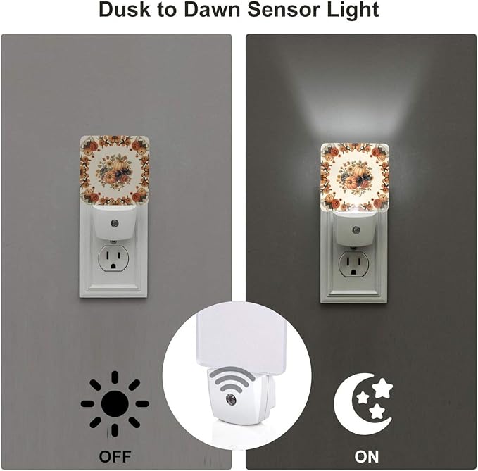 Pumpkin Fall Night Lights Sunflowers LED Plug-in Night Light 2-Pack, Auto Sensor Nightlights Set of 2 for Bedroom Bathroom