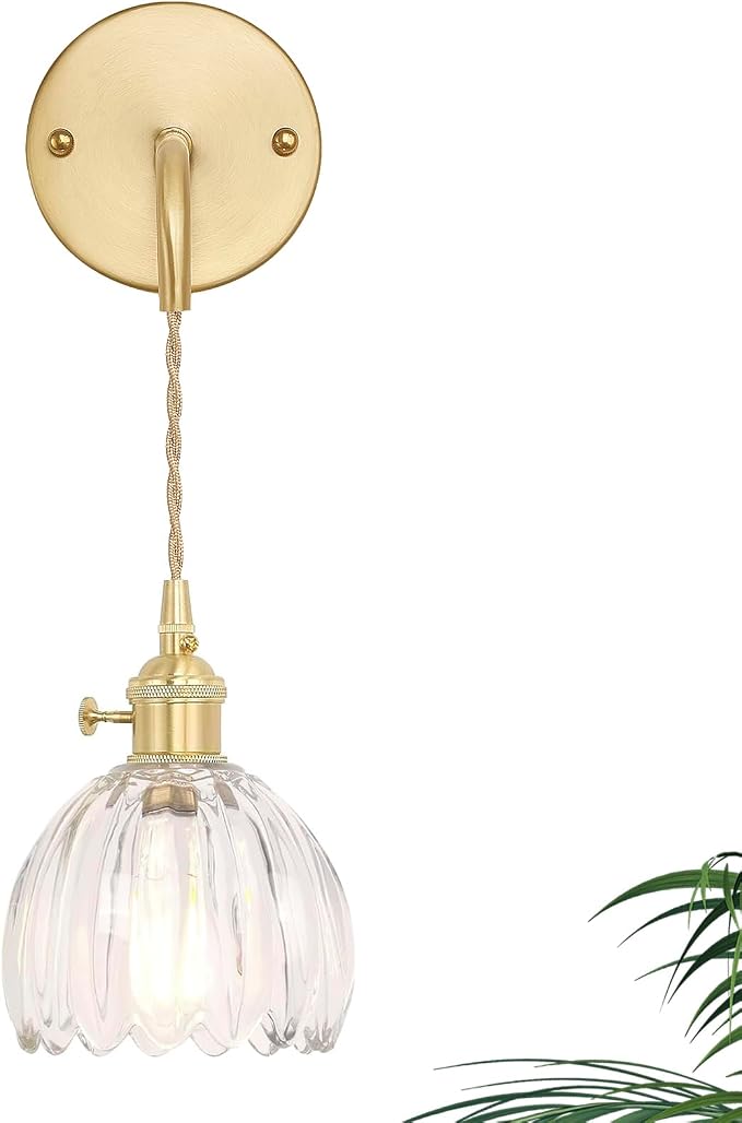 Shenmoyl Vintage Wall Sconce Wall Lamp Clear Tulip Shade Pattern Glass Adjustable Chain Retro Gold Wall Mounted Light, Wall Lamp Fixtures Decor for Bedside Bedroom Indoor Doorway
