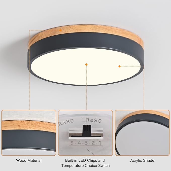 Yiisem Dimmable Wood LED Flush Mount Ceiling Light, Grey, 11.8 in | 5CCT 2700K-6000K Modern Close to Ceiling Lighting Fixtures, Round Ceiling Lamp for Bedroom, Kitchen, Hallway, Laundry Room