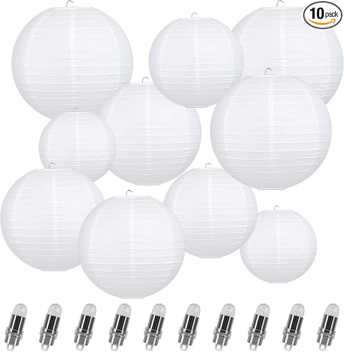 LIHAO 10PCS White Paper Lanterns with Lights, Round Hanging Paper Lanterns Decorative Chinese Lanterns for Wedding Anniversary Birthday Party Home Decor(Size of 6”, 8”, 10”, 12”)