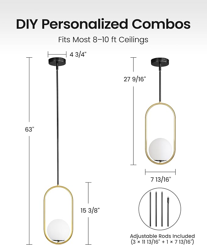 Yunnix 3 Pack Pendant Lights Kitchen Island, Pendant Light Fixtures, Modern Black and Gold Globe Glass Pendant Lighting, Mid Century Chandelier One Light for Bathroom Bedroom