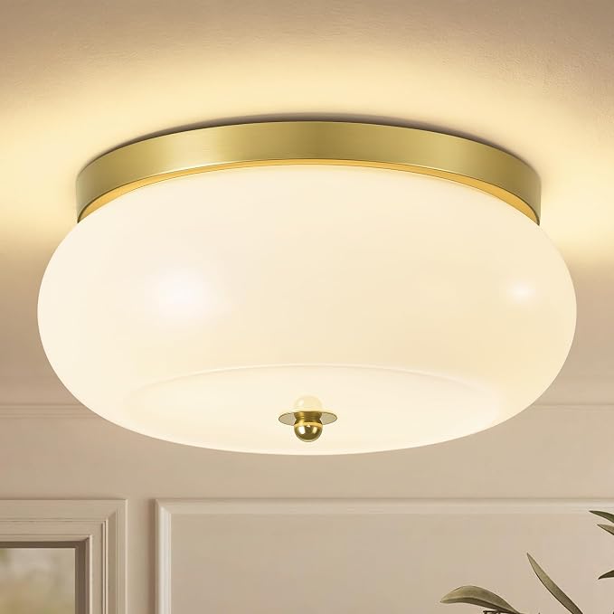 2-Light Brushed Gold Ceiling Light, 11.02 in Milky White Glass Shade | Mid-Century Modern Flush Mount Ceiling Light, E26 Ceramic Socket, Hallway, Kitchen, Bedroom, Bulb Not Included