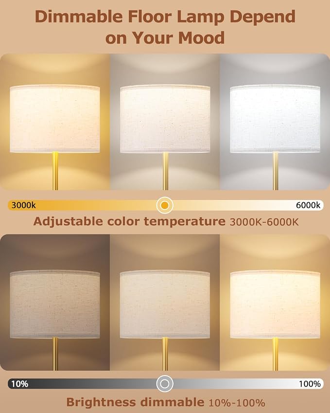 Dimmable Floor Lamp for Living Room with Remote, 9W 900LM LED Bulb Included, Beige Shade Gold Pole