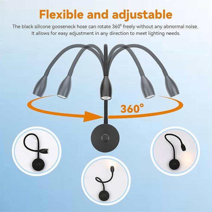 12V LED Reading Light RV Bedside Dimmable Reading Light with USB Charging Port 12 Volt Flexible Gooseneck Lamp for RV Boat Camper Van Travel Trailer Interior Lighting, 2 Pack