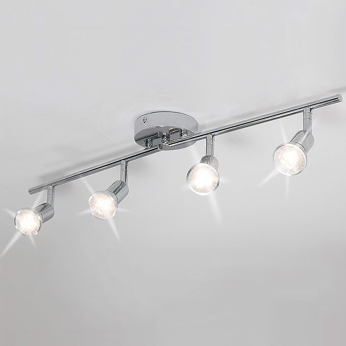 Qcyuui Modern 4-Light Track Lighting Kit, Flush Mount Wall/Ceiling Spot Lights Fixture, LED Track Lighting with Chrome Rotatable Light Head for Kitchen Living Room, 4×GU10 Bulb (Included)