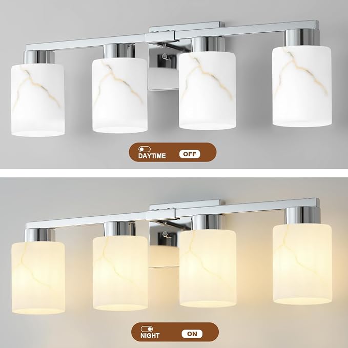 4-Light Bathroom Light Fixtures, Modern Vanity Lights, Chrome Metal Wall Lamp with White Marble Glass for Bathroom, Mirror, Living Room, Bedroom, Cabinet, Porch, Hallway, E26 Base