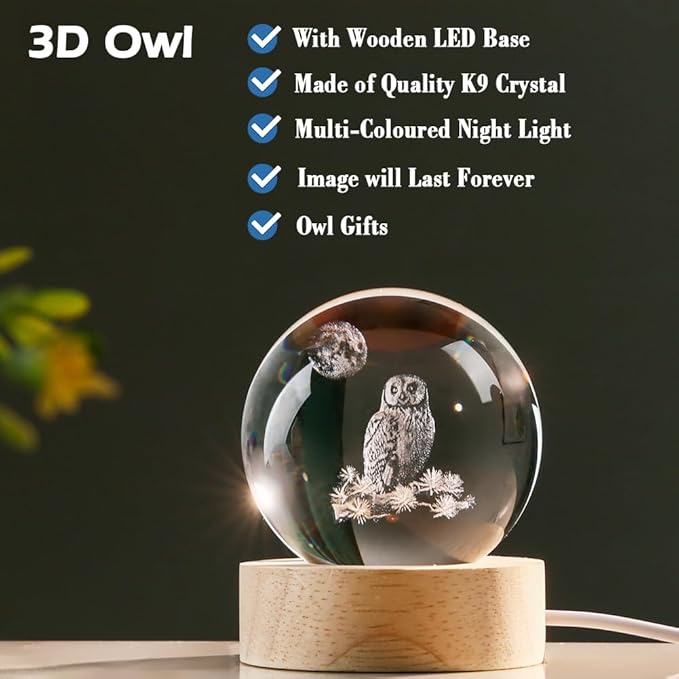 3D Owl Crystal Ball 60mm Owl Figurines in Crystal Ball Decor Collectibles Snow Globes Gift Glass Sphere with Wooden Light Base