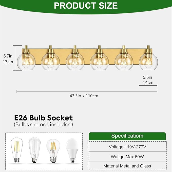 IZORRO Bathroom Light Fixtures, 6-Light Brushed Gold Vanity Light, Modern Wall Sconces with Globe Clear Glass Shade, Vanity Lighting Fixtures Over Mirror,E26 Bulb Socket