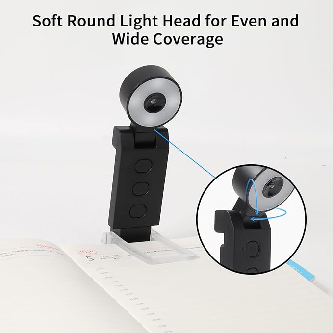 Book Light,USB Rechargeable Clip-On Reading Light,30 Adjustable Modes,Eye-Caring,Flashlight with Timer, Perfect for Book Lovers/Travel(Black, Round)