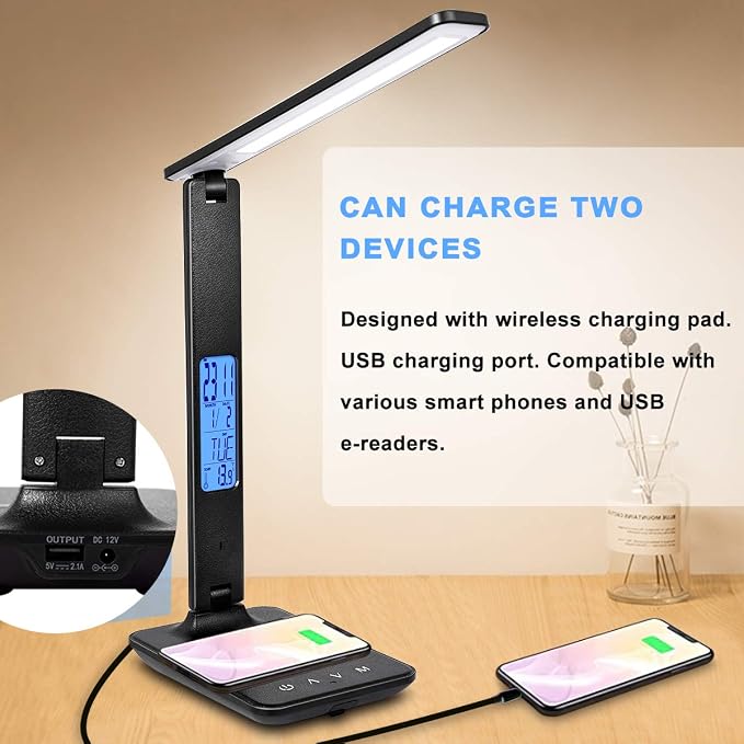 LED Desk Lamp with Wireless Charger, Suitable for Home, Office Dimmable, with USB Charging Port, Built-in Clock, Calendar, Thermometer and Automatic Timing Reading Desk Lamp.