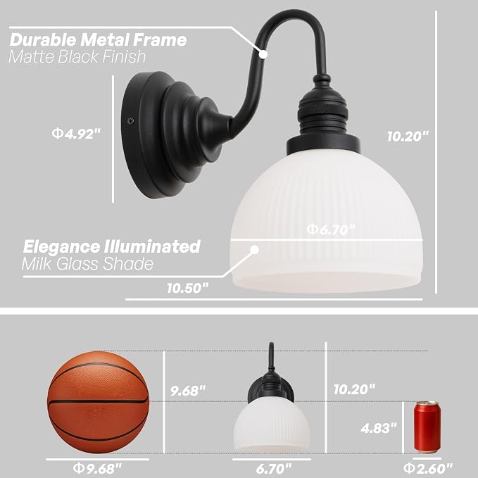 Black Wall Sconce Vintage Milk Glass Bathroom Vanity Light | Bathroom Light Fixtures,Matte Black,Thick Half-Round Glass Shade,Hardwired Only,E26 Base,for Bathroom Mirror Hallway