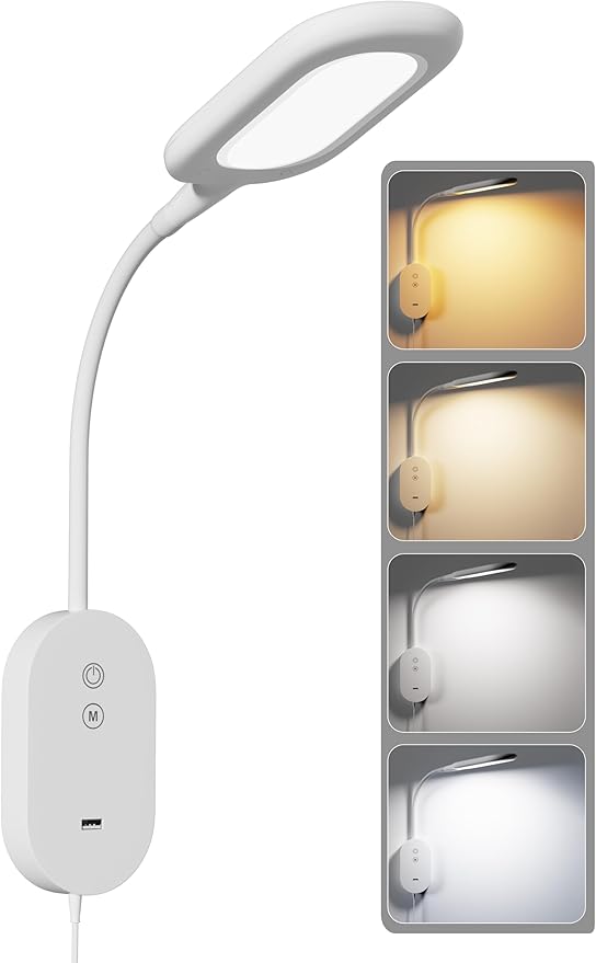 Wall Mounted Reading Light, Book Lights for Reading in Bed with CRI 95+ for Eye Care, 4 Color 5 Dimmable, 2A USB Output, 4-Hour Auto Off, Flexible Gooseneck Bed Headboard Reading Lamp White