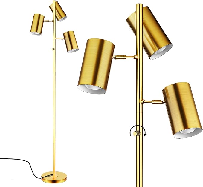 Ldeco Tree Floor Lamp for Living Room,Stepless Dimmable Gold Standing Tall Pole Lamp with 3 Bulbs,Modern Reading Floor Lamp for Living Room Bedroom Office,9W E26 LED Bulbs Includeds (Gold-Dimmable)