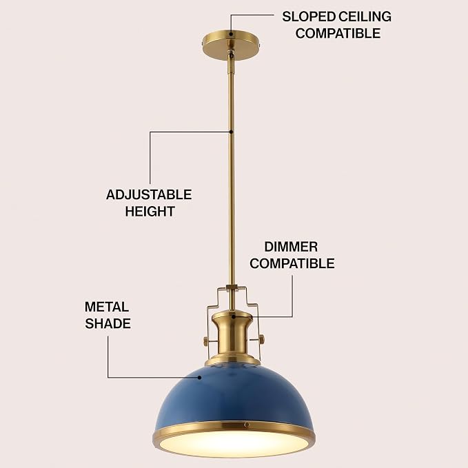 JONATHAN Y Homer Industrial Dome Pendant 13", Navy/Brass Gold | 1-Light, Farmhouse Style, Adjustable Hanging Height, Glass Diffuser, Sloped Ceiling Compatible, Metal, LED Bulb Included