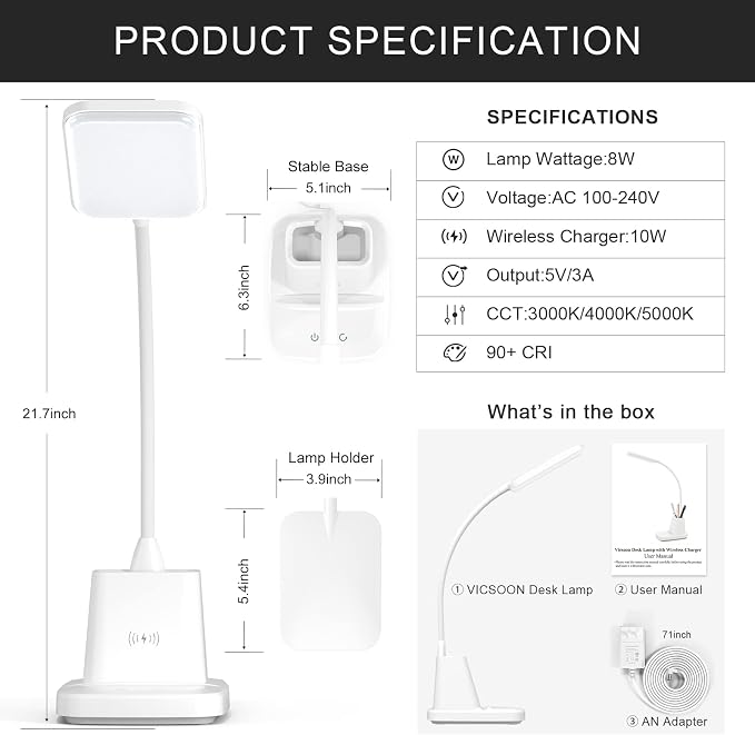 LED Desk Lamp with Wireless Charger for Home Office, White | 3 Color Modes Dimmable Eye-Caring Study Desk Light for College Dorm, 360° Flexible Arm, with Pen Holder, 800 Lumen, Square
