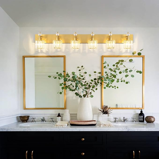 PRESDE Crystal 6 Light Bathroom Vanity Lights Gold Vanity Light for Bathroom Over Mirror Modern Wall Sconce