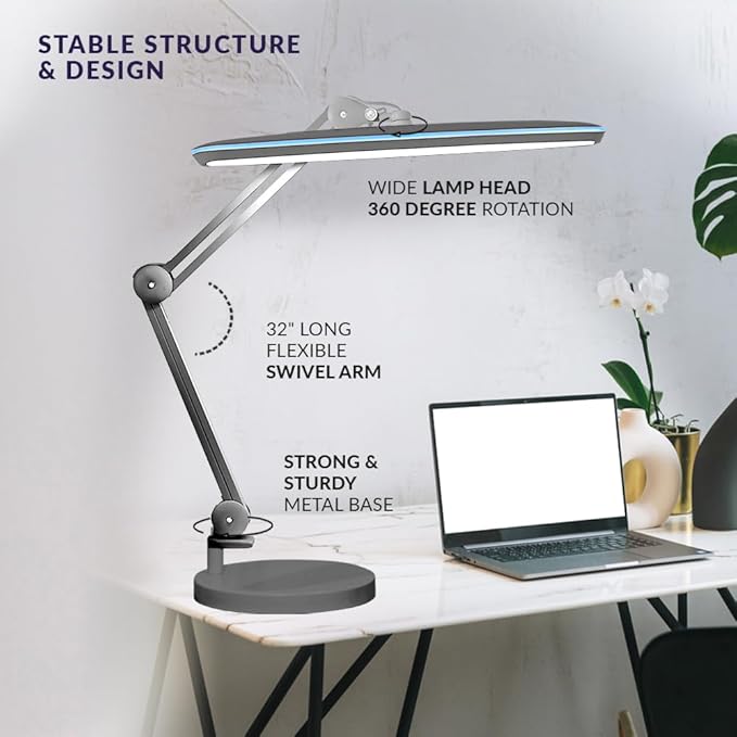 Neatfi XL 24W LED Desk Lamp with Base – 2,200 Lumens | 23” Wide Shade | Dimmable Eye-Caring Task Light | Adjustable Arm | Office, Study, Crafting & Nail Techs (Non-CCT with Base, Silver)
