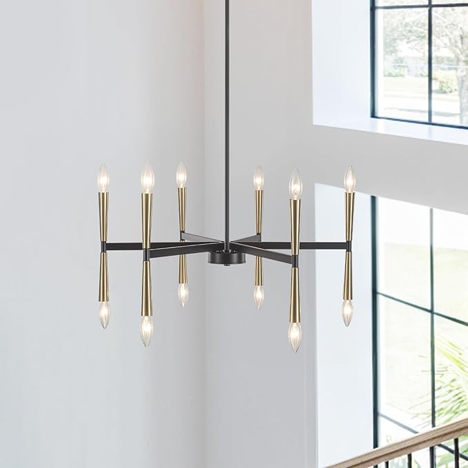 12 Light Black and Gold Modern Farmhouse Chandelier, Large Foyer Chandeliers for High Ceilings, Gold Pendant Light Fixture for Living Room Dining Room Staircase Entryway Kitchen Over Table