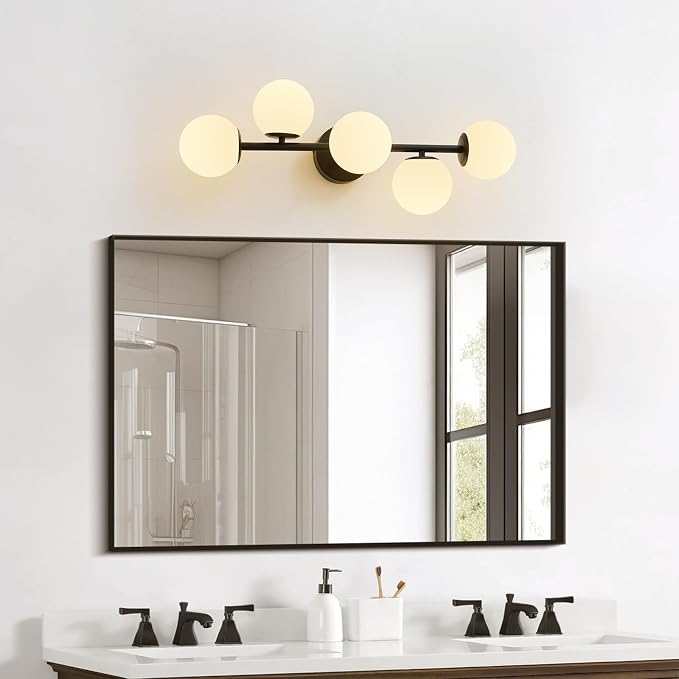 27" Mid Century Modern White Globe Black LED Bathroom Vanity Light | Matte Black Finish, Sleek Mid Century Modern Style, Milk White Glass Globes, Built-In LED Light Source, Unique Ambient Glow