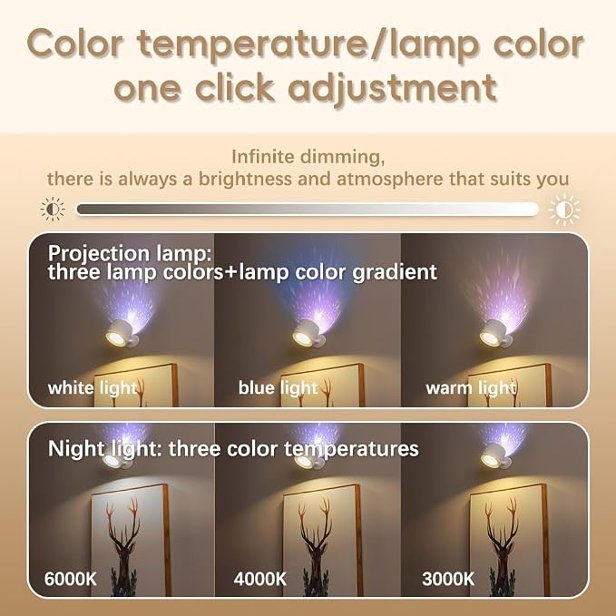 LED Wall Mount Light with Projection Rechargeable Wall Light, 3 Color Temperatures, Remote Control and Touch, 360° Rotating Dimmable Cordless Wall Light for Study Bedroom Reading Bedside (white)