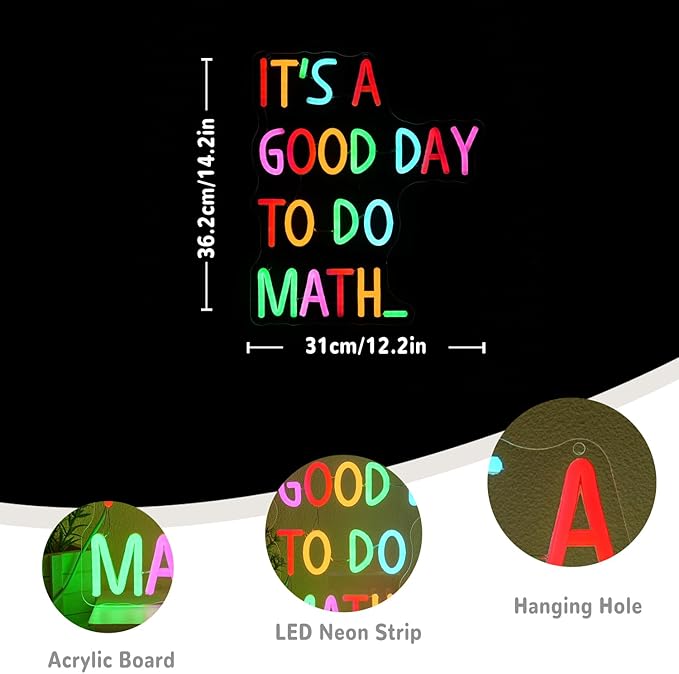 It's A Good Day To Do Math Neon Sign for Classroom Math Neon Light Colorful Letter Led Neon Signs Classroom LED Neon Lights for Kids Room Library Decoration