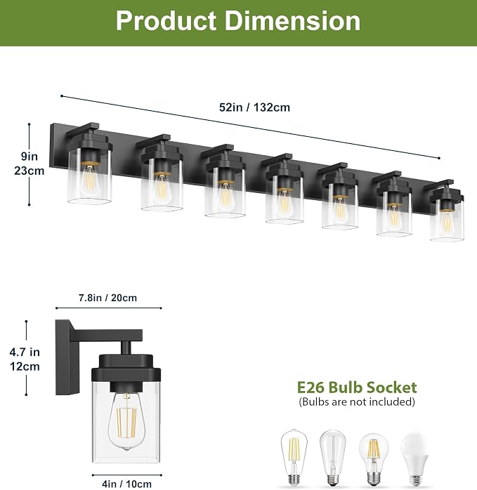Black Bathroom Light Fixtures, 7 Lights Bathroom Lighting Fixtures Over Mirror, Square Design & Rectangle Large Backplate, Modern Vanity Lighting Fixtures, for Bathroom/Living Room/Bedroom