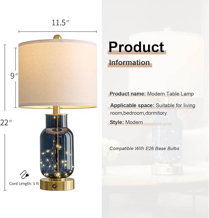22" Glass Table Lamps Set of 2, Blue Modern Bedside Lamp with LED Night Light for Living Room, Nightstand Lamp with USB Ports for Bedrooms, Study Room, End Table(2 Bulbs Included)