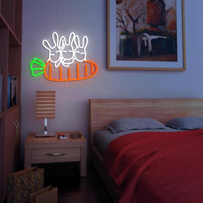Rabbit Carrots Neon Sign Led Easter Neon Light For Wall Decor Light Up Carrots Sign USB Powered Rabbit Neon Light Signs For Art Restaurant Easter Party Animal kindergarten Room Childrens Birthday Gifts (16.9‘’*12.6‘’）