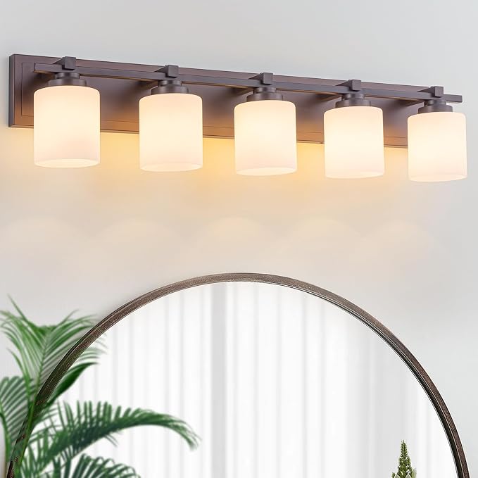 Modern Bathroom Light Fixtures Over Mirror, Vanity Lights for Bathroom Wall Sconces with Milky White Glass Shades, E26 Socket (Bulbs Not Included), 5 Light, Oil Rubbed Bronze