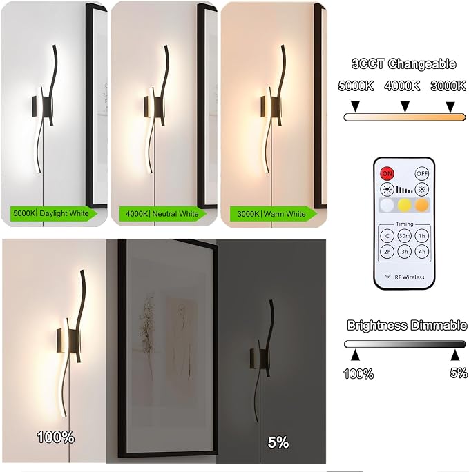 Daunton Modern Plug in Wall Sconce Set of 2, Black Dimmable LED Wall Light with Remote Control, 3CCT Adjustable & Memory Function, Timer, Plug in Cord Wall Lamp for TV Wall Living Room Hallway Bedroom