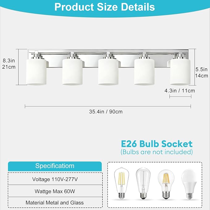 Modern Bathroom Lighting Fixtures Over Mirror, Vanity Lights for Bathroom, Wall Sconces with Milky White Glass Shades, E26 Ceramic Socket, 5-Light 35.4-inch Chrome