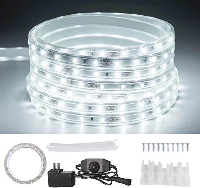 20FT White Rope Lights Outdoor, 12V IP65 Waterproof Led Rope Lights Indoor Cuttable, Flexible Led Strip Lights Cuttable Plug-in for Patio Deck Bedroom Kitchen Bedroom Christmas