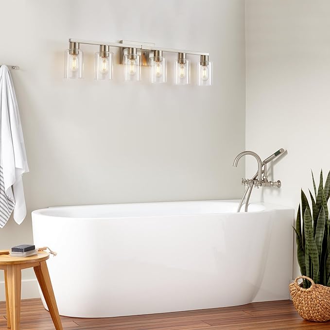 6-Light Bathroom Vanity Light, Brushed Nickel Vanity Lights for Bathroom, Bathroom Lights Fixtures Over Mirror, Large Vanity Light Over Mirror Modern Wall Sconce with Clear Glass Shade