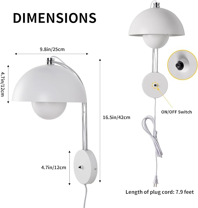 Mid-Century Modern Bud Plug in Wall Sconces for Bedroom, Matte White | Indirect lighting reading wall lamp, all-metal construction, plug-in or hardwired install, fits bedroom bedside, living room