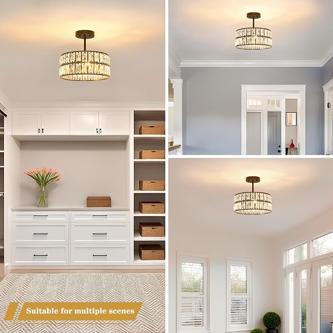 Matte Black Crystal Ceiling Light, Modern Semi Flush Mount Ceiling Lighting, Hallway Lighting Fixtures, Small Chandelier Light Fixture for Kitchen Entryway Bedroom Dining Room, 3-Light, 12 Inch