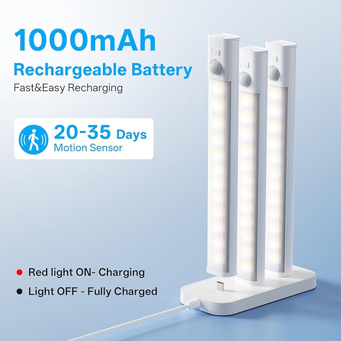 Under Cabinet Lighting with Charging Station,Battery Operated 6Pack | 8inch Motion Sensor Light Indoor,3color Dimmable Closet Light Rechargeable Wireless,Under Counter Lights for Kitchen,Stairs