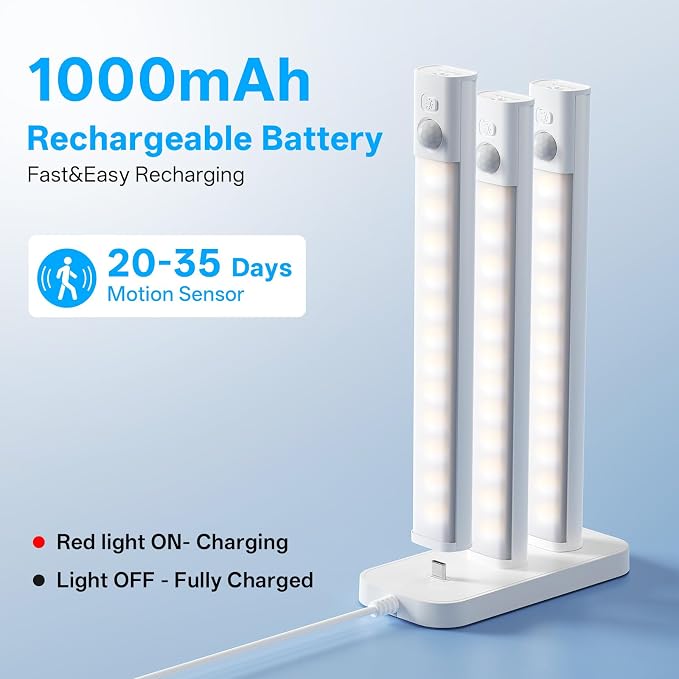 Under Cabinet Lighting with Charging Station,Battery Operated 3Pack | 8inch Motion Sensor Light Indoor,3color Dimmable Closet Light Rechargeable Wireless,Under Counter Lights for Kitchen,Stairs