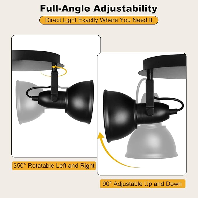 HiBay Ceiling Light Fixtures, 3-Lights Adjustable LED Spotlight Black | Industrial Track Lighting with Round Plate for Kitchen, Living Room, Office, E26 Base, Black (Bulbs Not Included)