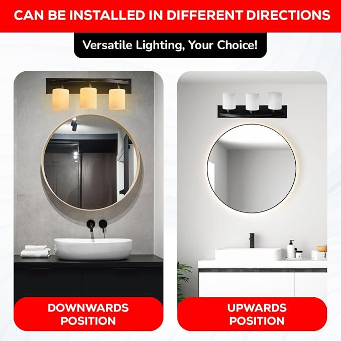 3-Light Bathroom Vanity Light Fixture – Oil Rubbed Bronze | Modern Frosted glass shades with E26 socket. Matte Wall sconce lighting perfect over mirror, kitchen, hallway, or entryway