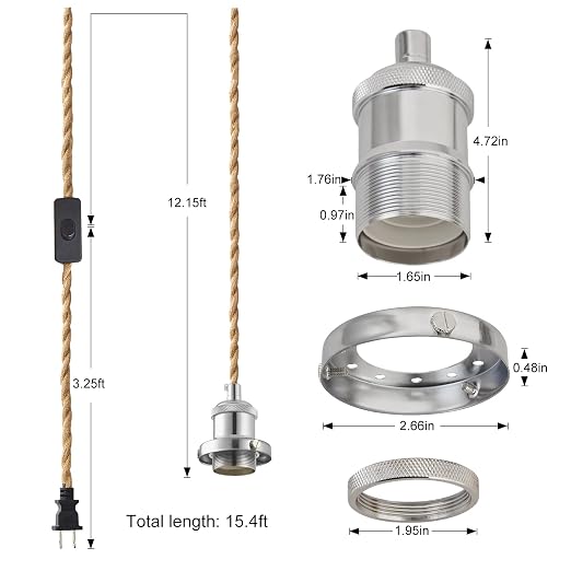 15.4ft Pendant Light Cord Kit, Industrial Vintage Plug in E26 Socket Hanging Light with Switch, Hemp Rope Hanging Light Fixture for Pendant Lamp Farmhouse Lamp Cable DIY
